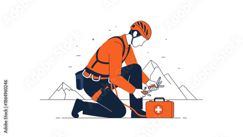 Rescuer Repairing Equipment With First Aid Kit Before Climbing Mountains