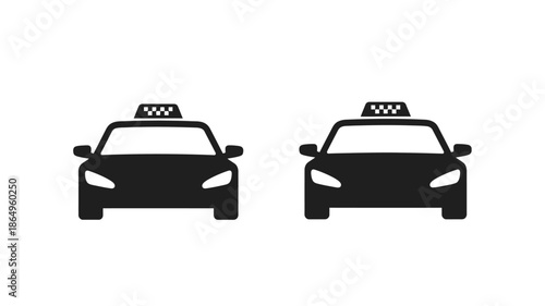 Two black taxi car silhouettes facing forward simple vector illustration silhouette