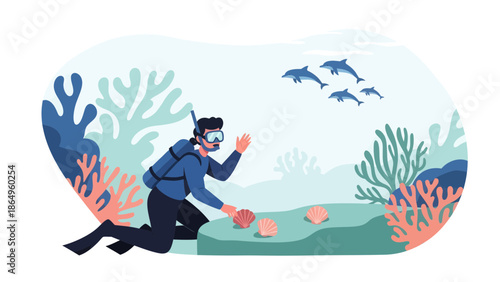 Scuba Diver Exploring Coral Reef With Dolphins In A Flat Design Scene
