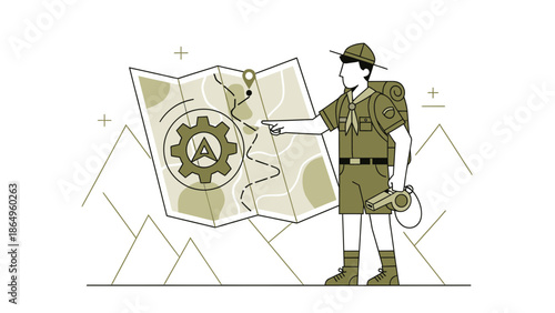 Scout Reading Map And Planning Outdoor Adventure In The Mountains