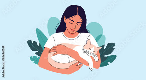 Tranquil illustration of a young woman lovingly embracing her sleeping cat, showcasing the special bond between a pet and its owner.