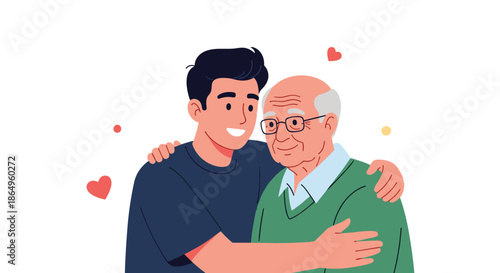 Heartwarming illustration of a loving adult son embracing his elderly father with a smile, showing family connection and support.