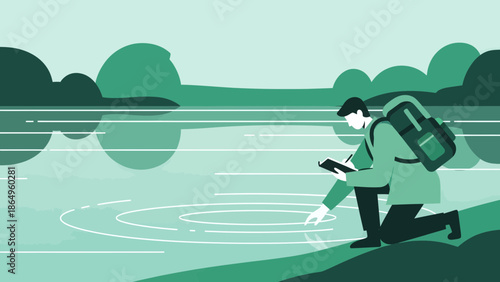 Researcher Observes Lake With Ripples For Study In Nature Illustration