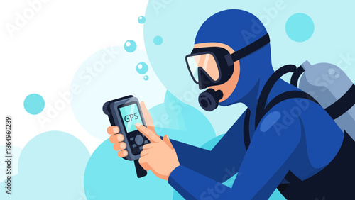 Scuba Diver Using Gps Device For Navigation During Underwater Exploration Adventure