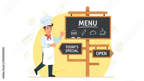 Restaurant Chef Writes Menu On Chalkboard With Open And Today Special Direction Sign