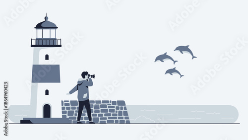 Seaside View Lighthouse And Photographer Capturing Dolphins In The Distance