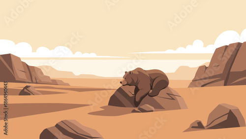 Resting Bear In A Desert Landscape Minimalist Wildlife Animal Design