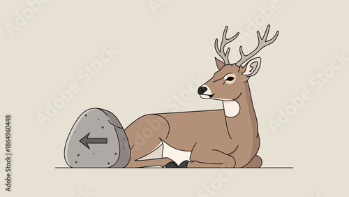 Resting Deer With Directional Stone In A Minimalist Scene Ideal For Infographics