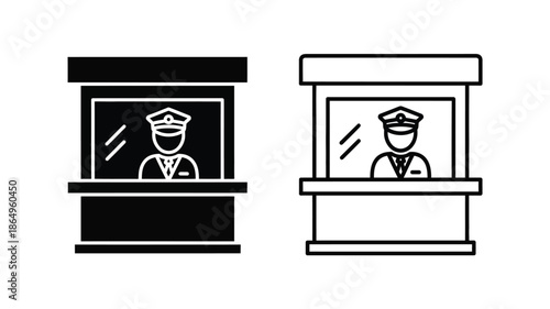 Two black and white line art depictions of a security guard booth