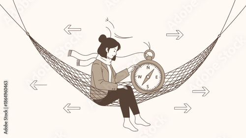 Seeking Direction Woman Relaxing In Hammock Holding Compass Among Flowing Arrows