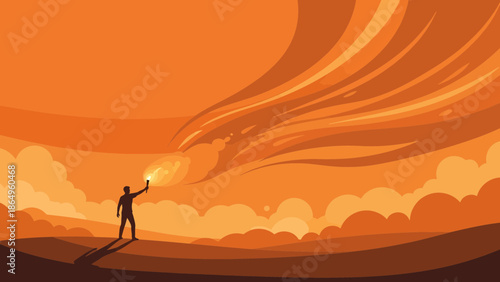 Seeking Guidance Amidst a Fiery Sunset with Torch in Hand Vector