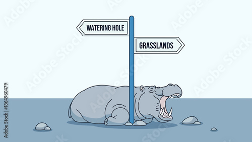 Resting Hippo Near A Signpost Directing Towards The Watering Hole And Grasslands