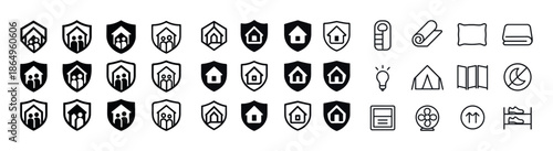 Set of home security icons including alarms, shields, and cameras