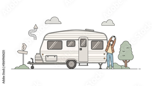 Road Trip Freedom: A Traveler's Rest Near Camper And Nature Scene With Serenity