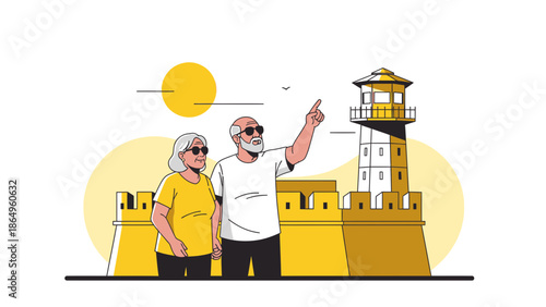 Senior Couple Enjoying Sightseeing On Sunny Holiday Near Coastal Landmark