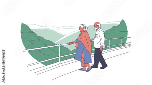 Senior Couple Enjoying Scenic Mountain View On An Afternoon Walk Together