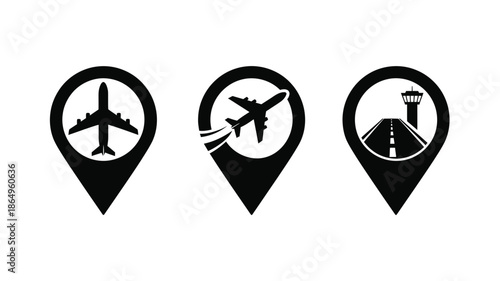 Travel icons depicting airplane wave and road a striking silhouette