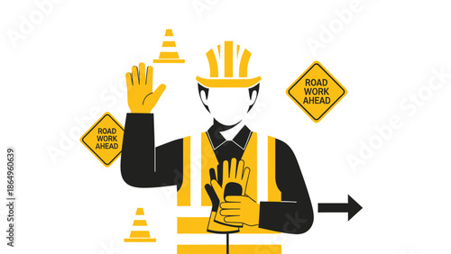 Roadwork Ahead Safety Worker Directing Traffic With Cone And Warning Signs