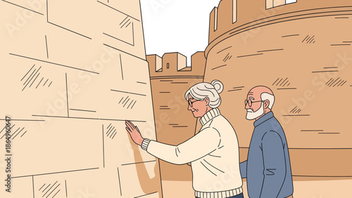 Senior Couple Exploring An Ancient City Wall On A Vacation Trip Together