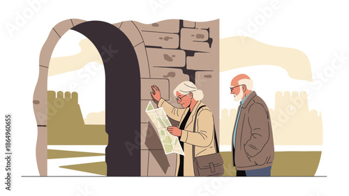 Senior Couple Exploring Ancient Ruins During Holiday Adventure Illustration