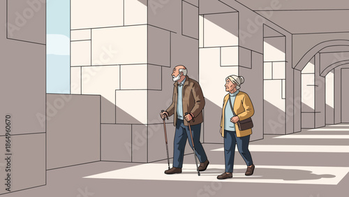 Senior Couple Exploring Architecture On Vacation Walking Together Affectionately