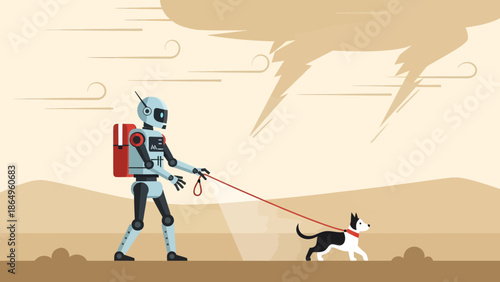 Robot Walks Dog In Futuristic Desert Landscape Artificial Companion