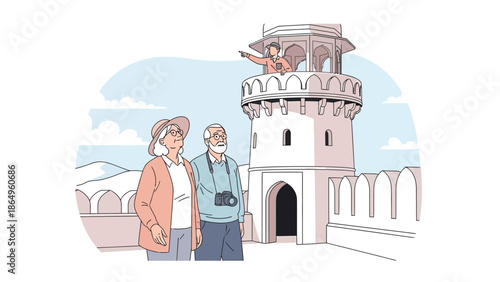 Senior Couple Exploring Historical Landmark During Vacation With Local Guide