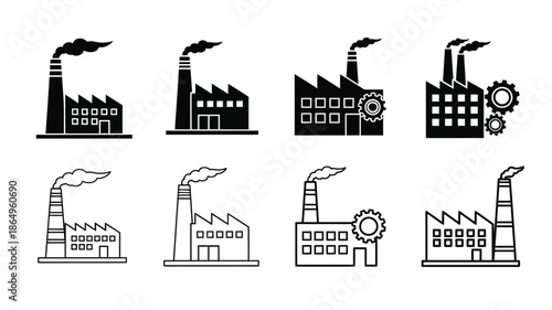 Industrial factory icons depicting smokestacks buildings and mechanical gears