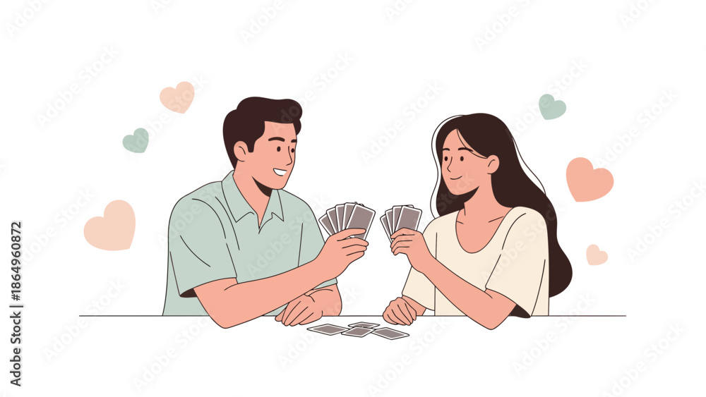 Fototapeta premium Romantic Game Night Couple Playing Cards Amidst Pastel Hearts Illustration