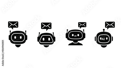 Four robotic icons with communication symbols above a dark silhouette