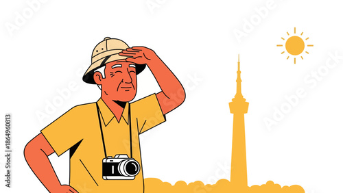 Senior Tourist Observes Landmark Under Sunshine With Camera During Summer Holiday