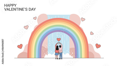 Romantic Couple In Love Making Heart Sign Under Rainbow Valentine's Day Card
