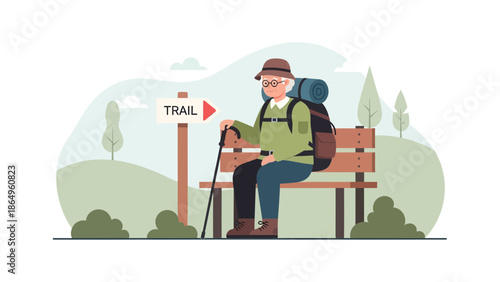 Senior Man Taking A Break During Hike Sitting On Bench In Nature