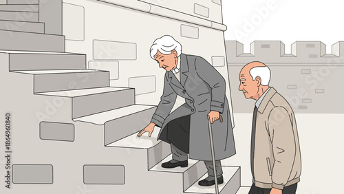 Senior Woman Ascending Stone Steps With Assistance Near Defensive Wall