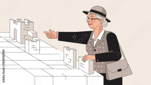 Senior Woman Building The Great Wall Using Blocks Concept Illustration