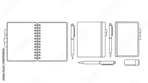 Stationery collection featuring notebooks pens and a ruler a clean silhouette