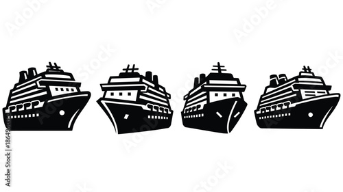 Four black and white silhouettes of cruise ships sailing on the water