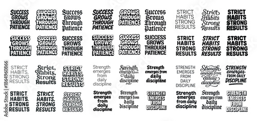 Inspirational quotes on success, patience, and discipline in varied typography