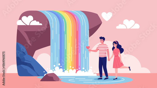 Romantic Getaway At Rainbow Waterfall For Young Loving Couple In Dreamy Landscape