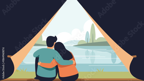 Romantic Getaway Couple Embracing Inside Tent Overlooking Scenic Lake In Nature