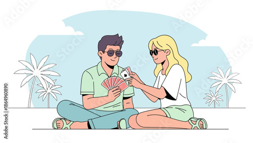 Romantic Getaway Couple Playing Cards On Tropical Beach Vacation Fun