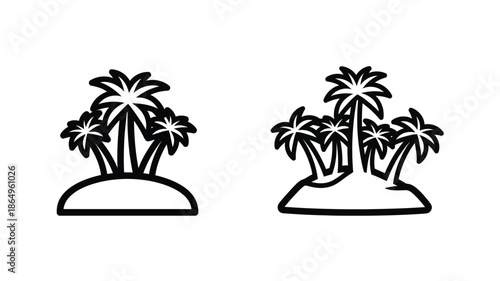 Two black and white illustrations of tropical islands with palm trees