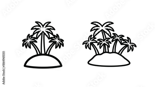 Simple black and white illustration of two tropical islands with palm trees