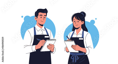 Professional male and female waiters in uniform smiling while taking a customer's order, representing the restaurant and service industry.