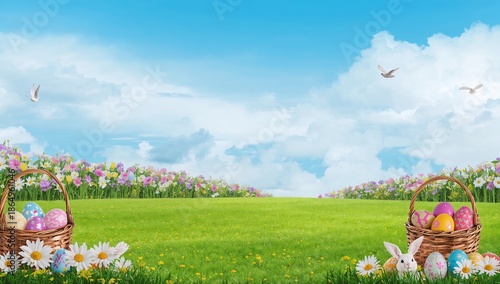 Bunnies and Colorful Eggs in a Sunny Meadow During Easter Celebration