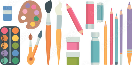 Colorful Flat Design Art Supplies vector Illustration Featuring Watercolor Palettes, Brushes, Pencils, and Creative Craft Tools