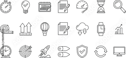 Business productivity and time management icon set featuring stopwatch calendar rocket launch growth charts and target symbols.