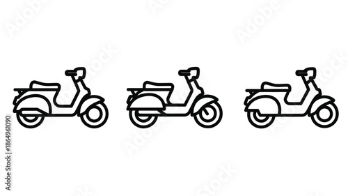 Simple black and white illustration of three vintage scooters in a row