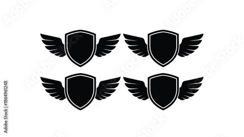 Four shield and wings emblems in a striking black silhouette