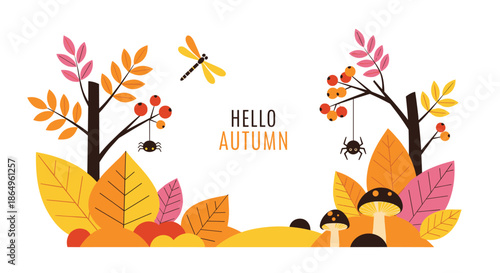 Charming Hello Autumn illustration with colorful fall leaves, rowanberries, mushrooms, and cute spiders, set on a white background.
